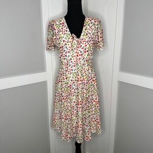Sirenlily Floral Midi Dress Women Size S White Pink Yellow V-Neck Tie SD9918